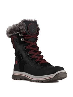 Santana Canada Black Red Leather Snow Boot Low Calf Faux Fur Size 6